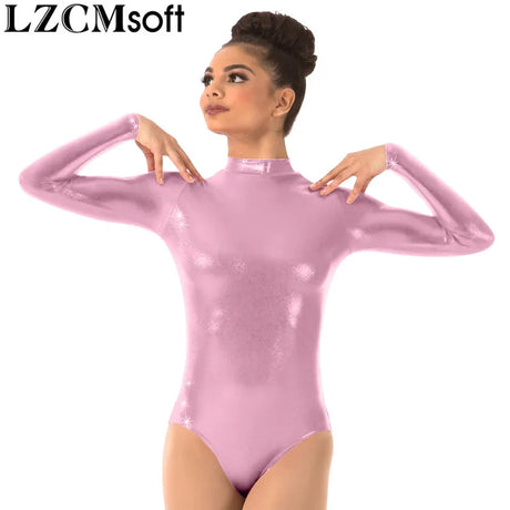 LZCMsoft Women's Long Sleeve Leotards Turtleneck Gymnastics Dance Leotard One Piece Stage Performance Shiny Metallic Bodysuits