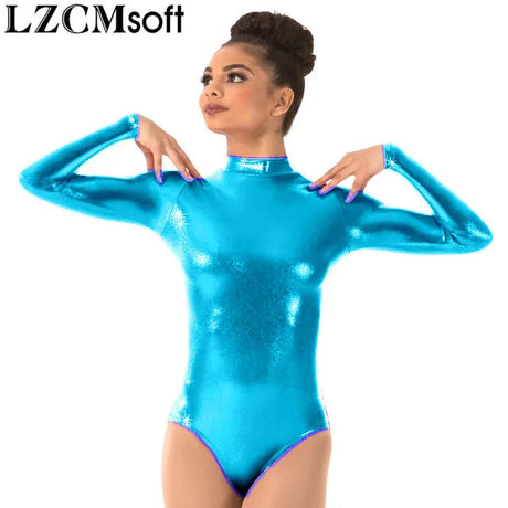 LZCMsoft Women's Long Sleeve Leotards Turtleneck Gymnastics Dance Leotard One Piece Stage Performance Shiny Metallic Bodysuits