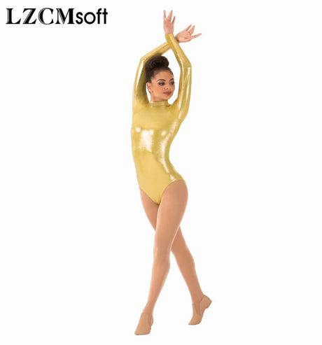 LZCMsoft Women's Long Sleeve Leotards Turtleneck Gymnastics Dance Leotard One Piece Stage Performance Shiny Metallic Bodysuits