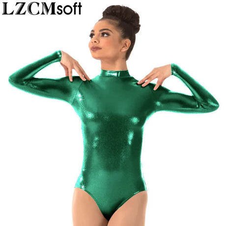 LZCMsoft Women's Long Sleeve Leotards Turtleneck Gymnastics Dance Leotard One Piece Stage Performance Shiny Metallic Bodysuits