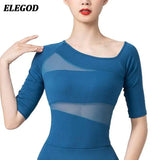 Ladies Dance Tops for Women Ballroom Latin Yoga Crop Tops Shirt Adult Female Sexy Mesh 1/2 Sleeve Blouse Dance Leotard Clothes