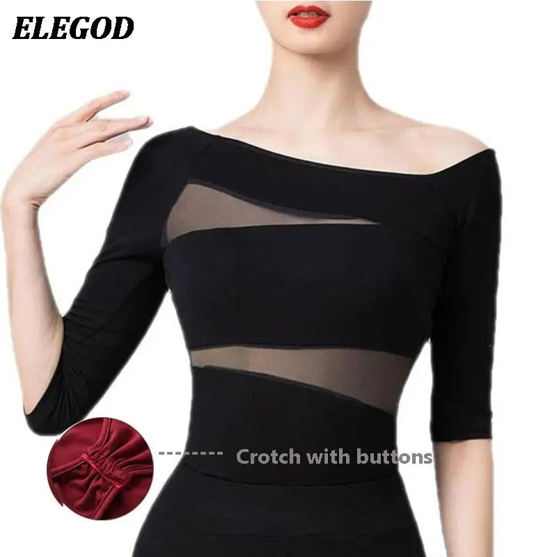 Ladies Dance Tops for Women Ballroom Latin Yoga Crop Tops Shirt Adult Female Sexy Mesh 1/2 Sleeve Blouse Dance Leotard Clothes