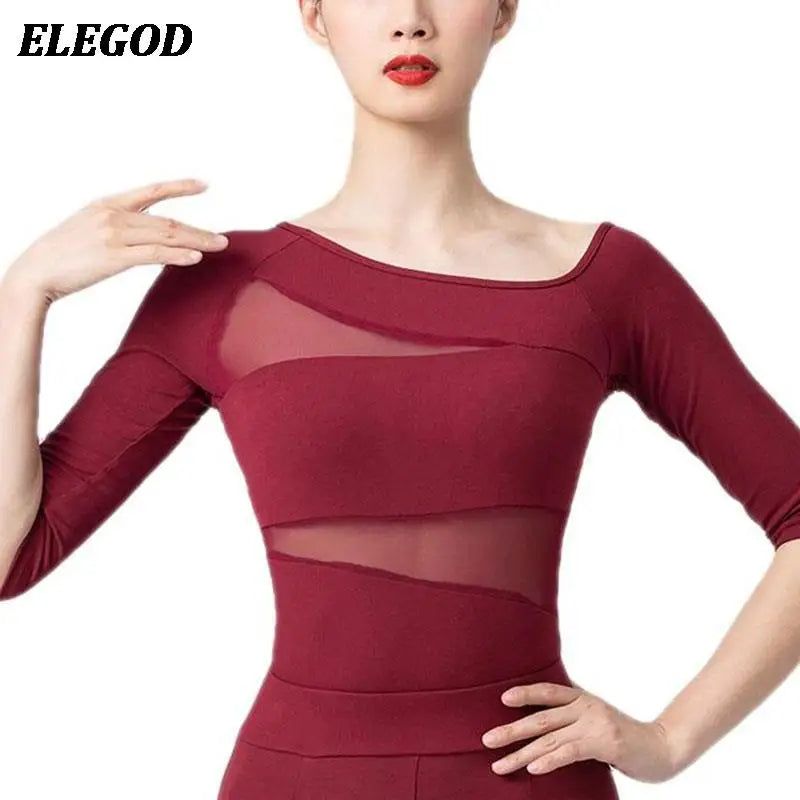 Ladies Dance Tops for Women Ballroom Latin Yoga Crop Tops Shirt Adult Female Sexy Mesh 1/2 Sleeve Blouse Dance Leotard Clothes