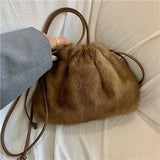 Ladies Real Mink Messenger Bag Ladies Fashion Shoulder Bag Fluffy Mink Fur Drawstring Fur Bag