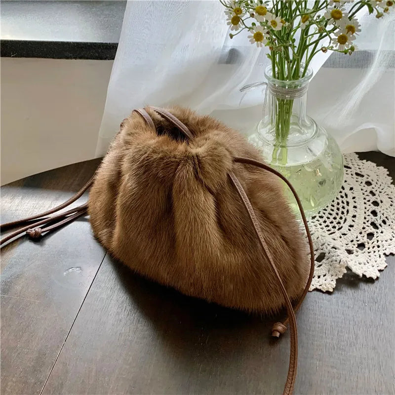 Ladies Real Mink Messenger Bag Ladies Fashion Shoulder Bag Fluffy Mink Fur Drawstring Fur Bag