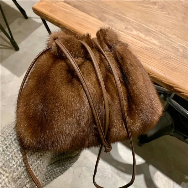 Ladies Real Mink Messenger Bag Ladies Fashion Shoulder Bag Fluffy Mink Fur Drawstring Fur Bag