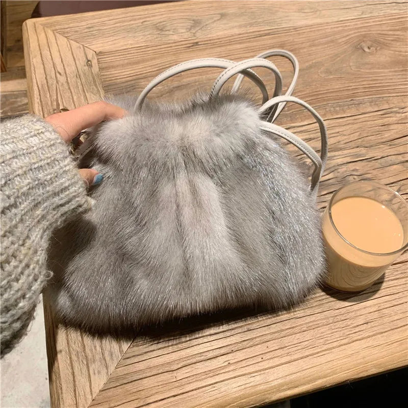 Ladies Real Mink Messenger Bag Ladies Fashion Shoulder Bag Fluffy Mink Fur Drawstring Fur Bag