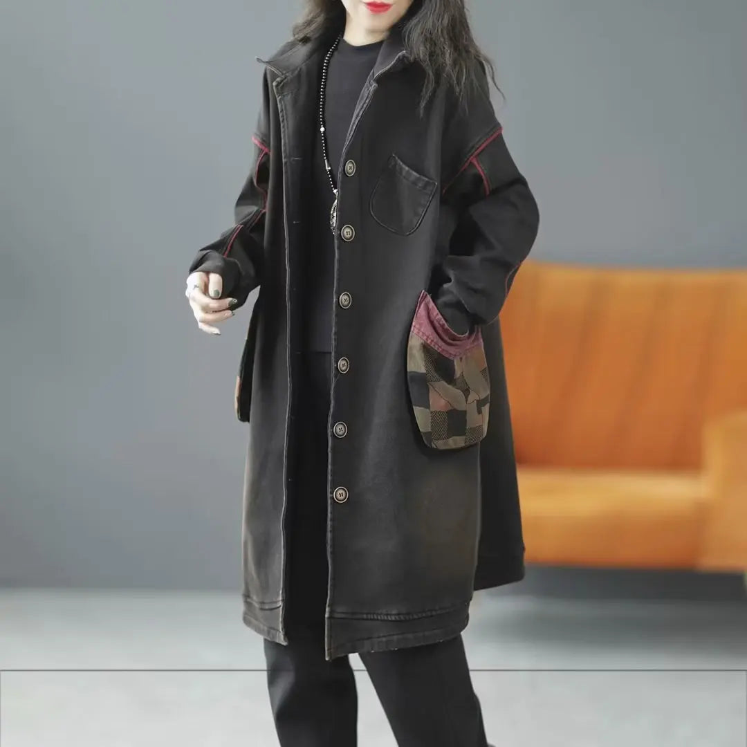 Lady Denim Coat 2023 Winter Autumn Pockets Loose Cardigan Fleece Retro Casual Korean Fashion Warm Long Coat Female YoyiKamomo