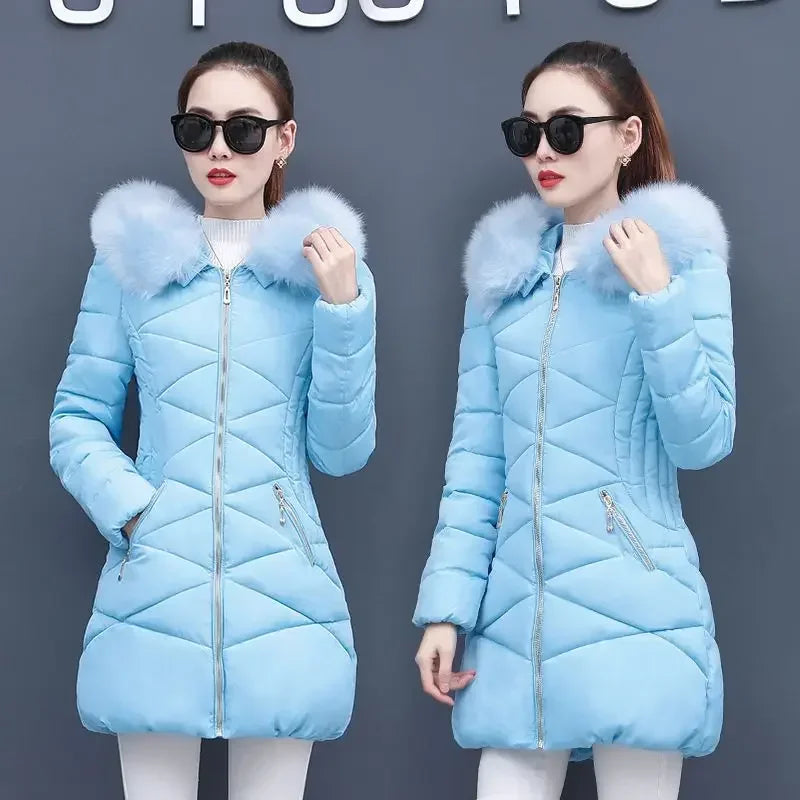 Lady Winter Coat Women Down Cotton Fur Collar Hooded Jacket Woman Casual Warm Outerwear Jackets Female Girls Black Clothes 1187