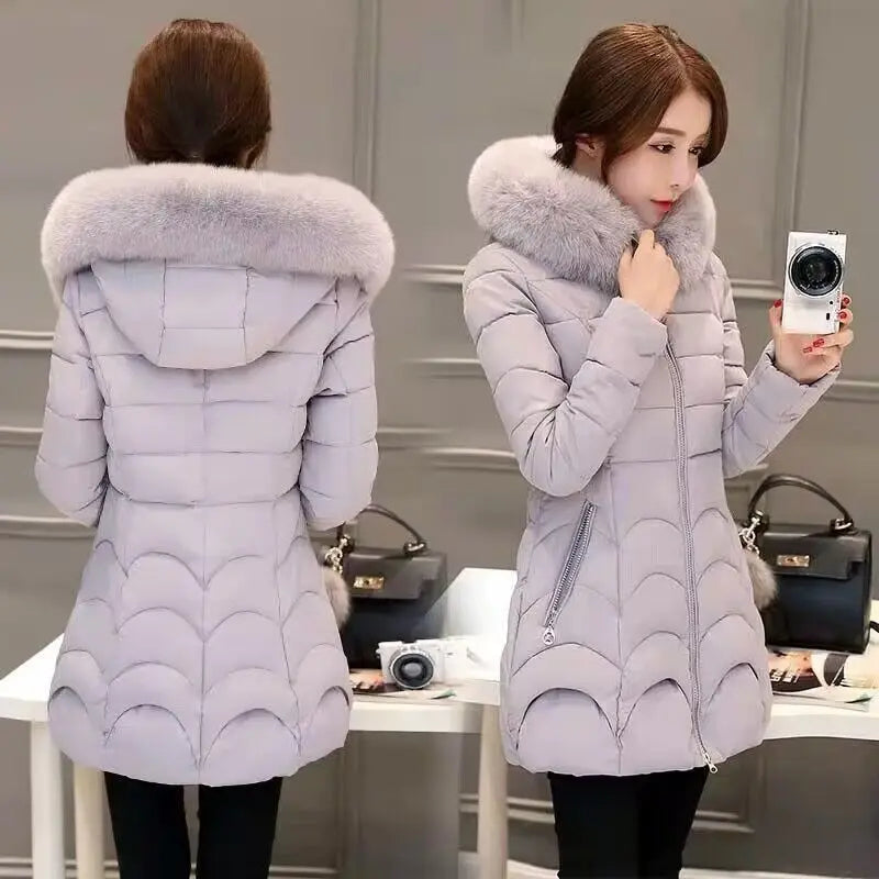 Lady Winter Coat Women Down Cotton Fur Collar Hooded Jacket Woman Casual Warm Outerwear Jackets Female Girls Black Clothes 1187