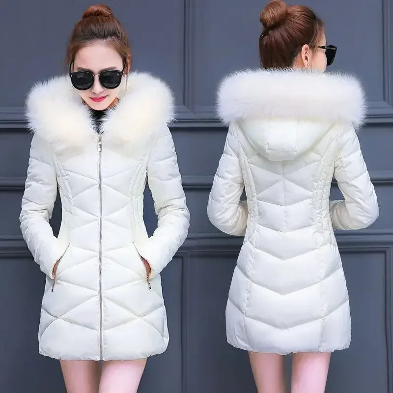 Lady Winter Coat Women Down Cotton Fur Collar Hooded Jacket Woman Casual Warm Outerwear Jackets Female Girls Black Clothes 1187