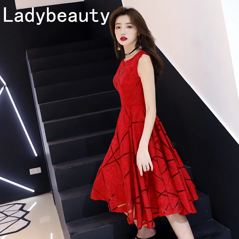 Ladybeauty New Arrival Luxury Scoop collar sleeveless Embroidery Zipper Cocktail Dresses A-line Tea Length Formal Dress