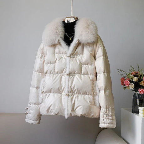 Lagabogy 2023 New Winter Women Real Fox Fur White Duck Down Jacket Mink Hair Puffer Coat Female Vintage Streetwear Short Outwear