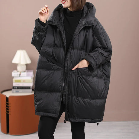 Lagabogy 2024 New Winter Women White Duck Down Loose Jacket With Hood Female Thick Warm Outwear Casual Over Size Patchwork Coats