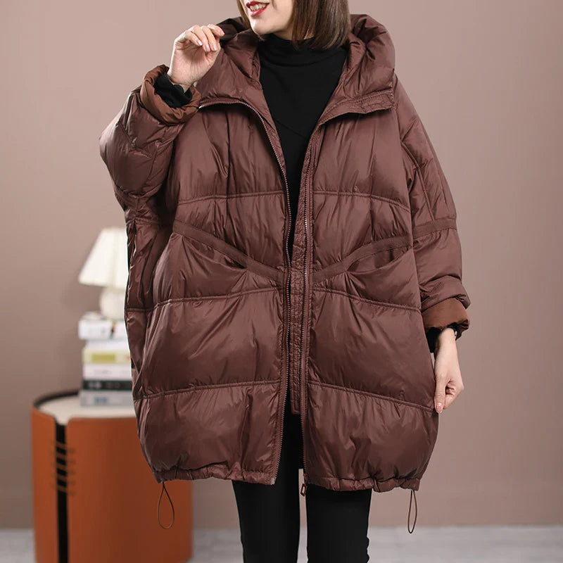 Lagabogy 2024 New Winter Women White Duck Down Loose Jacket With Hood Female Thick Warm Outwear Casual Over Size Patchwork Coats