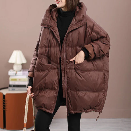 Lagabogy 2024 New Winter Women White Duck Down Loose Jacket With Hood Female Thick Warm Outwear Casual Over Size Patchwork Coats