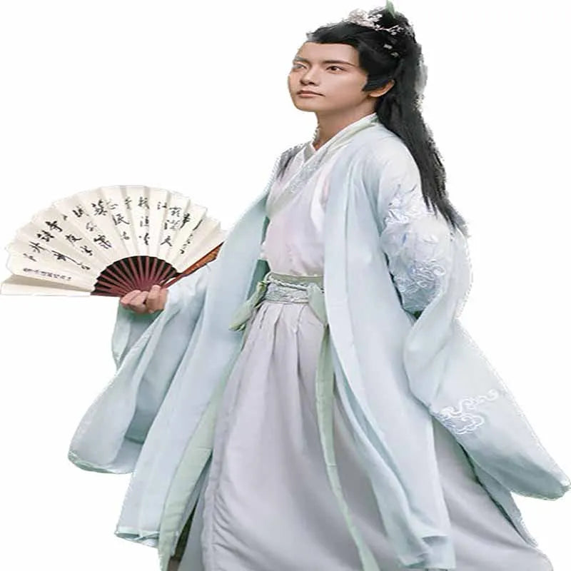 Large Size 3XL Hanfu Men Chinese Traditional Cosplay Costume Halloween Cos Costume Ancient Hanfu Blue&White Shirt+Skirt Sets