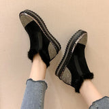 LazySeal Warm Real Mink Fur Shoes Women Luxury Crystal Hand Stitching Leather Winter Large Size High Platform Shoes Slip-on