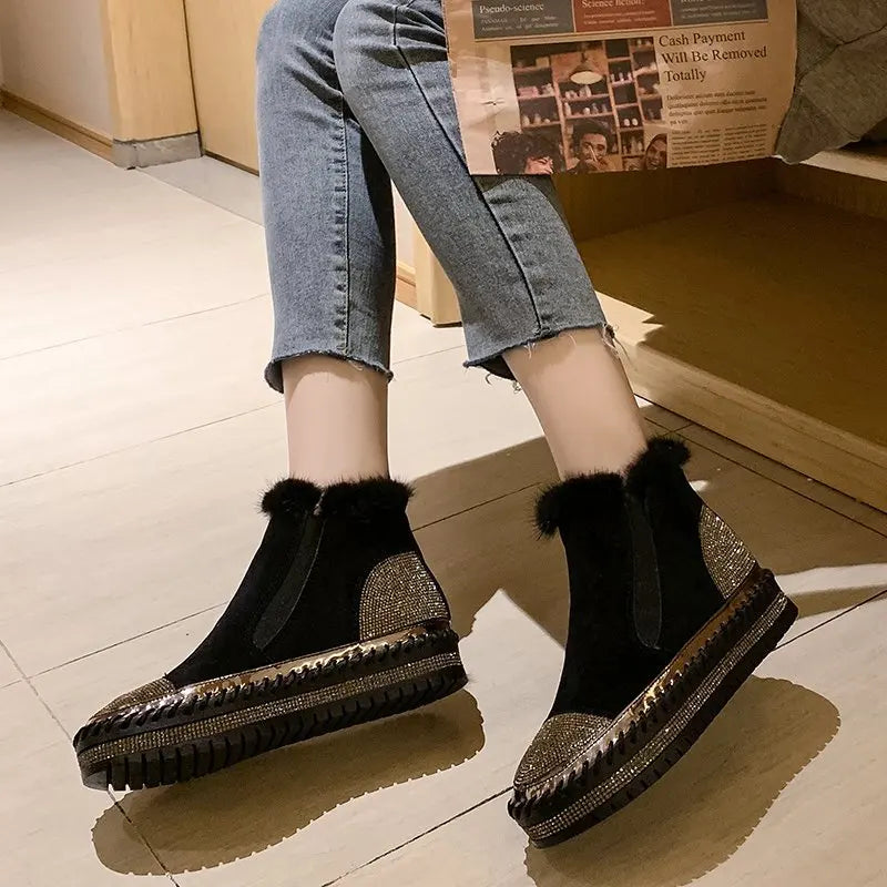 LazySeal Warm Real Mink Fur Shoes Women Luxury Crystal Hand Stitching Leather Winter Large Size High Platform Shoes Slip-on