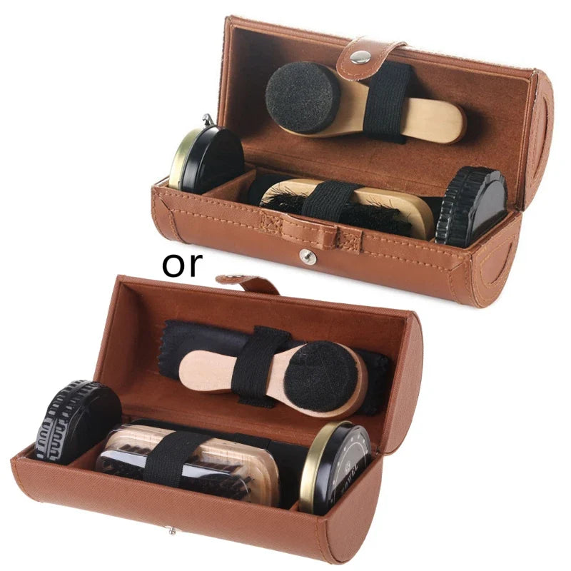 Leather shoes care set of 6 pieces, shoehorn, shoe polish, shoe brush, cleaning cloth, sponge brush, sponge wipe