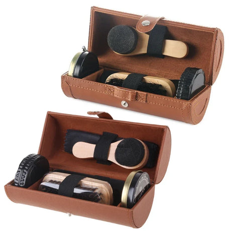 Leather shoes care set of 6 pieces, shoehorn, shoe polish, shoe brush, cleaning cloth, sponge brush, sponge wipe