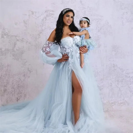 Light Blue Maternity Dresses for Photoshoot Baby Shower 3D Floral Applique Off the Shoulder Bridal Prom Gown Women Pregnant