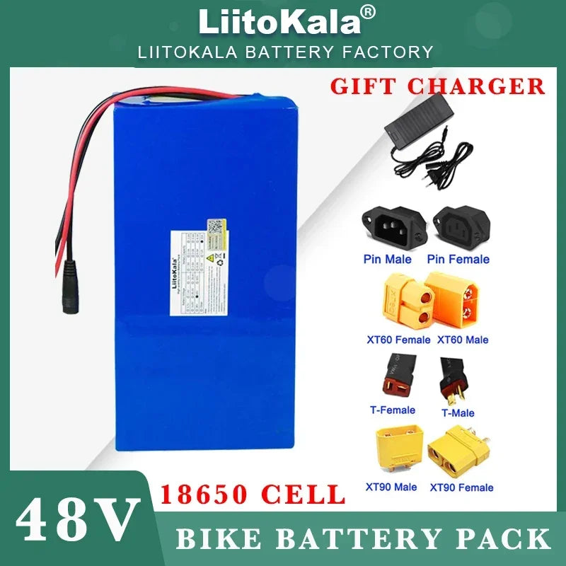 LiitoKala 48V 32ah 1500W electric bike battery 20ah 24ah 18ah 15ah 18650 lithium batteries 54.6v 750W 1000W ebike motor Charger