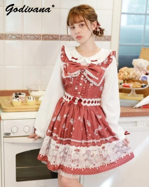 Liz New Fashion Lace Floral Bowknot Sweet Long Sleeve A Line Dress Japanese Style Girl Ladies Doll Collar Print Princess Dresses