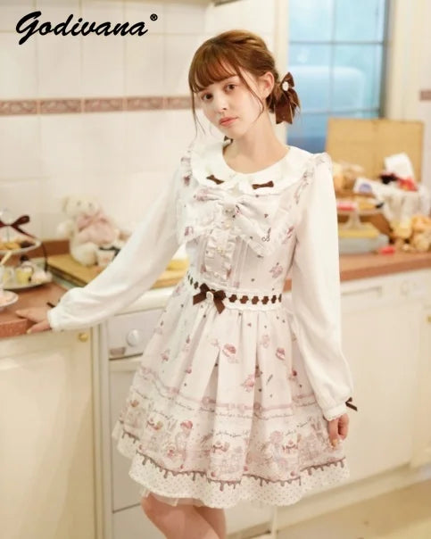 Liz New Fashion Lace Floral Bowknot Sweet Long Sleeve A Line Dress Japanese Style Girl Ladies Doll Collar Print Princess Dresses