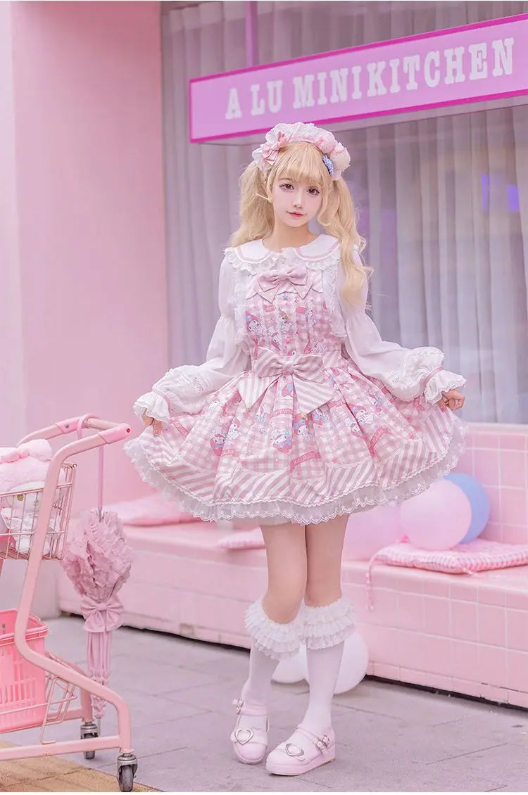 Lolita Sweet Cartoon Print Princess Dress Women Cute Bow Lace Party Strap Dresses Girly Harajuku Kawaii Y2k Mini Vestidos