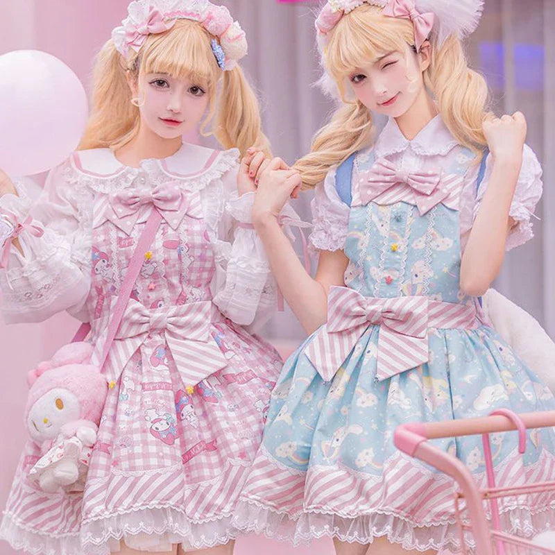 Lolita Sweet Cartoon Print Princess Dress Women Cute Bow Lace Party Strap Dresses Girly Harajuku Kawaii Y2k Mini Vestidos