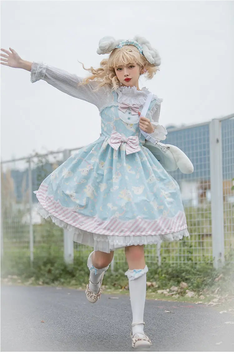 Lolita Sweet Cartoon Print Princess Dress Women Cute Bow Lace Party Strap Dresses Girly Harajuku Kawaii Y2k Mini Vestidos