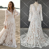 Long Puffy Sleeves Allover Lace Boho Elopement Bridal Gowns Custom Made A Line V Neck Tassel Bohemian Beach Modest Wedding Dress