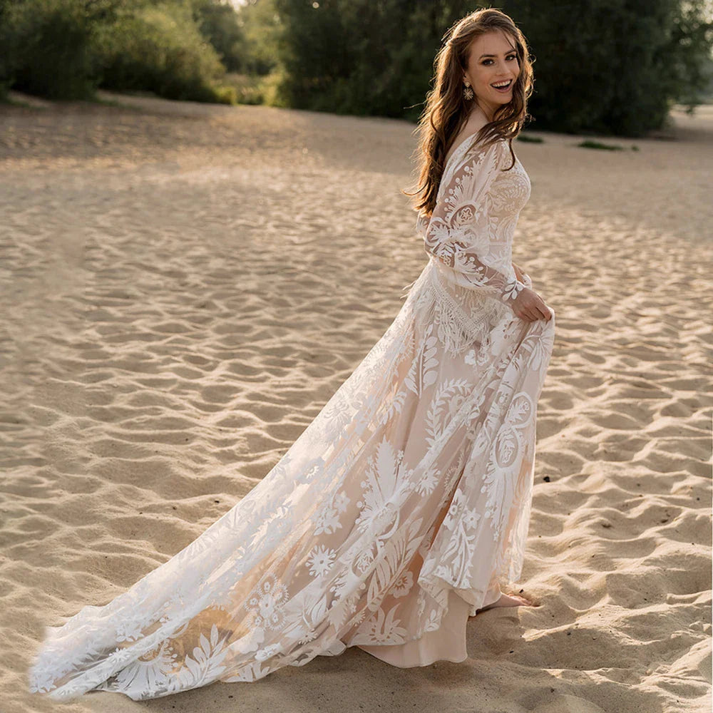 Long Puffy Sleeves Allover Lace Boho Elopement Bridal Gowns Custom Made A Line V Neck Tassel Bohemian Beach Modest Wedding Dress