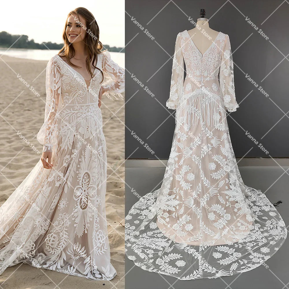 Long Puffy Sleeves Allover Lace Boho Elopement Bridal Gowns Custom Made A Line V Neck Tassel Bohemian Beach Modest Wedding Dress