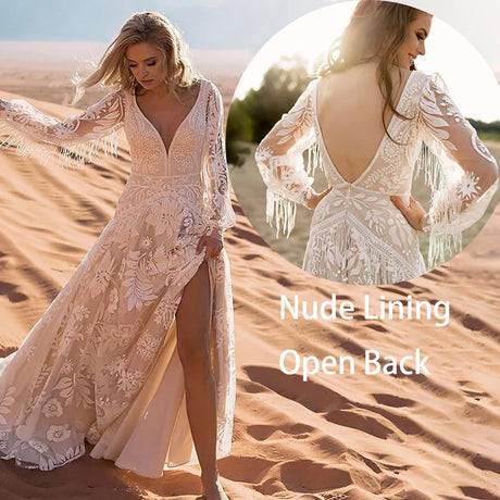 Long Puffy Sleeves Allover Lace Boho Elopement Bridal Gowns Custom Made A Line V Neck Tassel Bohemian Beach Modest Wedding Dress