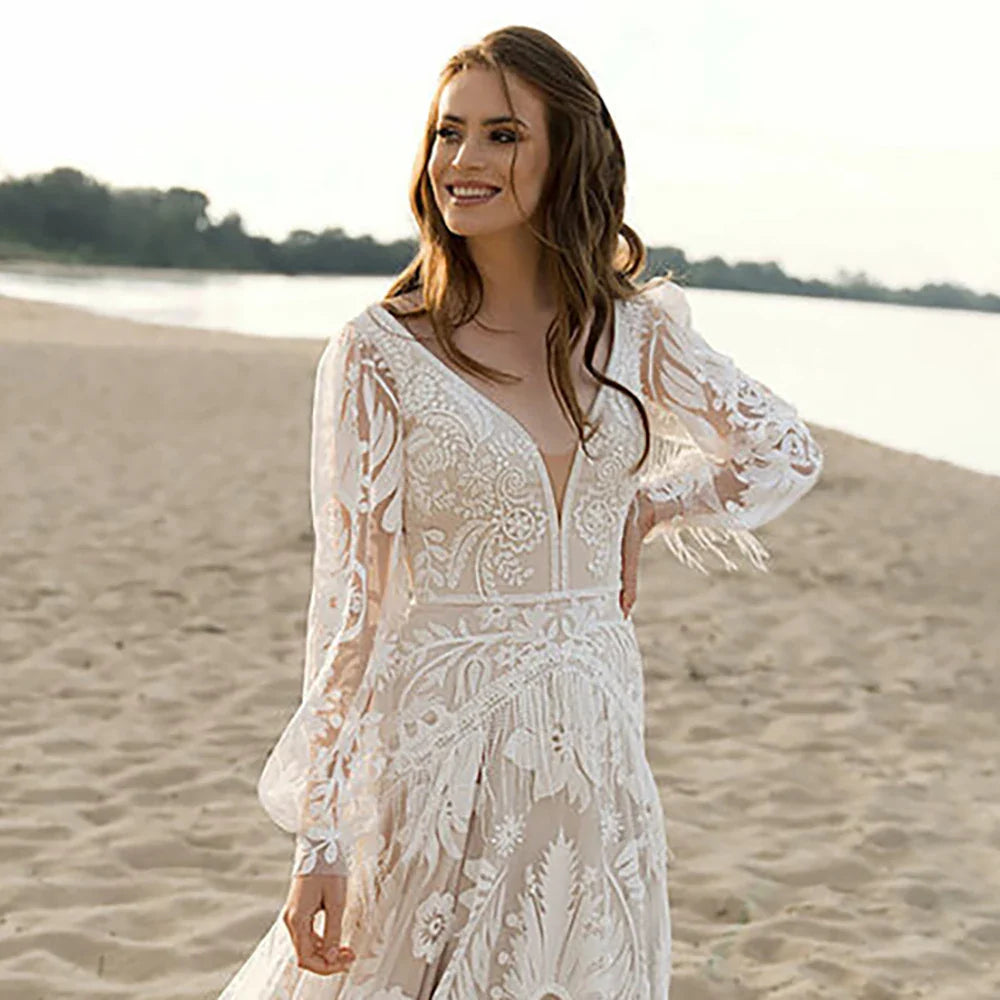 Long Puffy Sleeves Allover Lace Boho Elopement Bridal Gowns Custom Made A Line V Neck Tassel Bohemian Beach Modest Wedding Dress