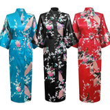 Long Style Loose Japanese Satin Peacock Woman Yukata Dress Sleepwear Oriental Kimono Haori Chinese Qipao Nightgown Robe