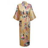 Long Style Loose Japanese Satin Peacock Woman Yukata Dress Sleepwear Oriental Kimono Haori Chinese Qipao Nightgown Robe