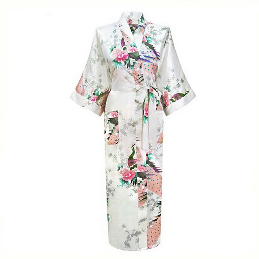 Long Style Loose Japanese Satin Peacock Woman Yukata Dress Sleepwear Oriental Kimono Haori Chinese Qipao Nightgown Robe