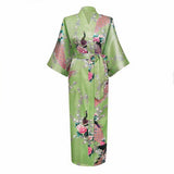 Long Style Loose Japanese Satin Peacock Woman Yukata Dress Sleepwear Oriental Kimono Haori Chinese Qipao Nightgown Robe