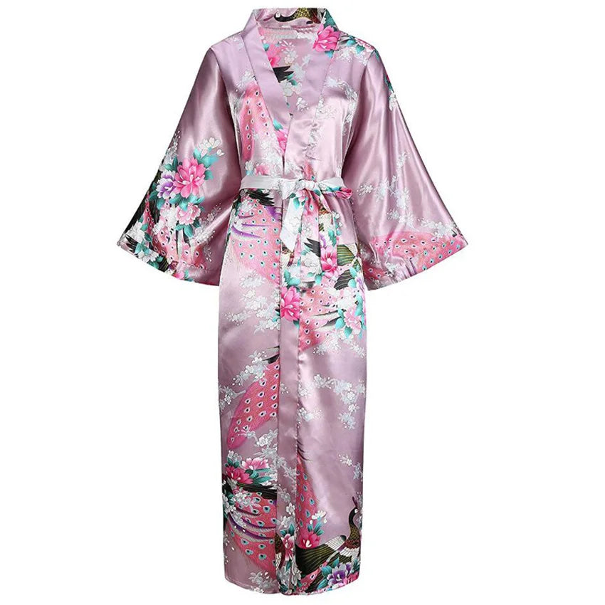 Long Style Loose Japanese Satin Peacock Woman Yukata Dress Sleepwear Oriental Kimono Haori Chinese Qipao Nightgown Robe