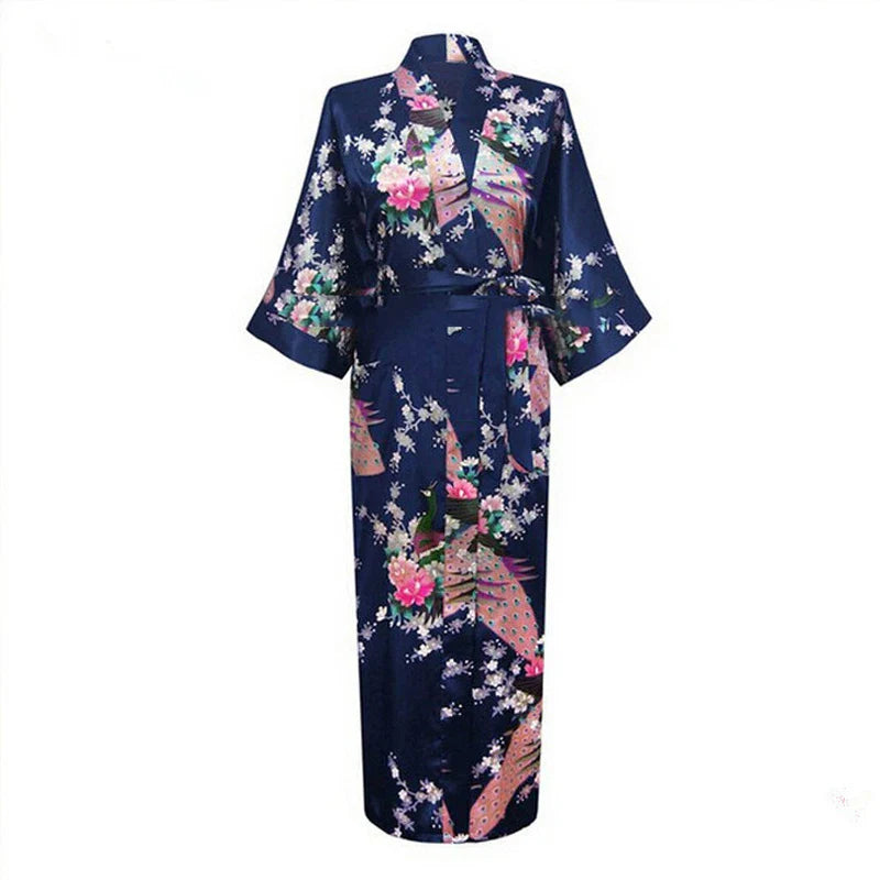 Long Style Loose Japanese Satin Peacock Woman Yukata Dress Sleepwear Oriental Kimono Haori Chinese Qipao Nightgown Robe