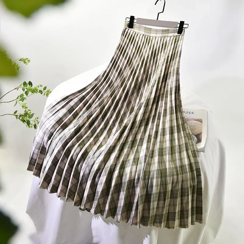 Looks Thin Pleated Skirt 2023 New High Waist A-line Skirt Mid-length Big Size Plaid Skirt Long Pleated Skirt Length 75-90cm