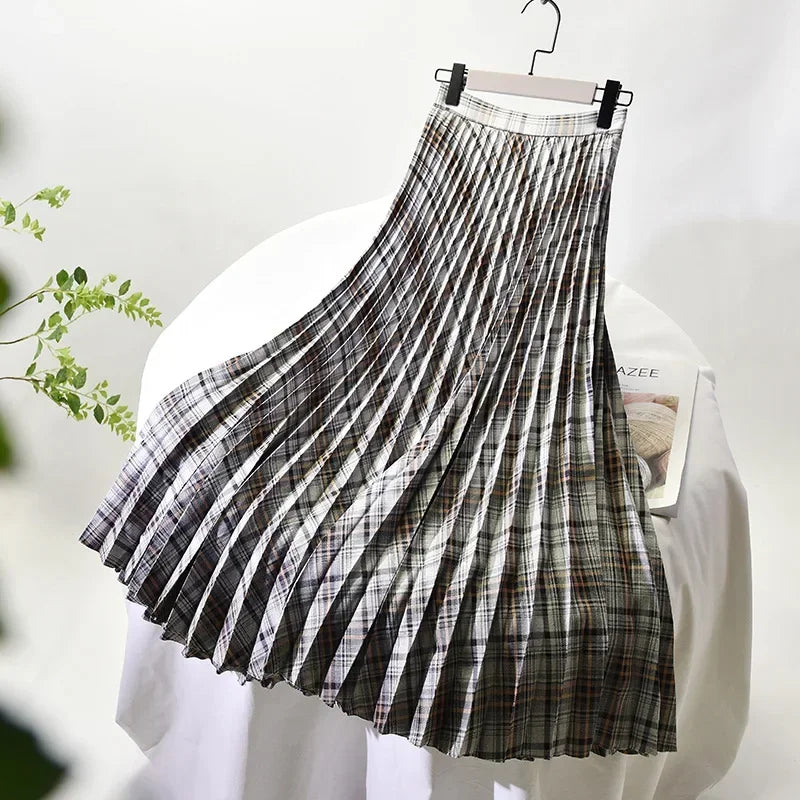 Looks Thin Pleated Skirt 2023 New High Waist A-line Skirt Mid-length Big Size Plaid Skirt Long Pleated Skirt Length 75-90cm