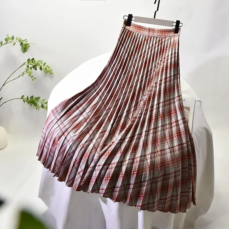 Looks Thin Pleated Skirt 2023 New High Waist A-line Skirt Mid-length Big Size Plaid Skirt Long Pleated Skirt Length 75-90cm