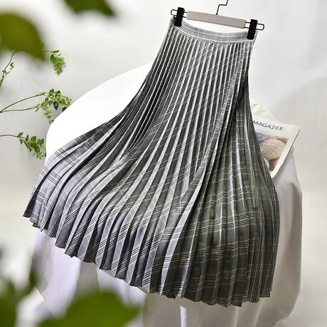 Looks Thin Pleated Skirt 2023 New High Waist A-line Skirt Mid-length Big Size Plaid Skirt Long Pleated Skirt Length 75-90cm