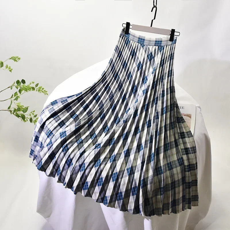 Looks Thin Pleated Skirt 2023 New High Waist A-line Skirt Mid-length Big Size Plaid Skirt Long Pleated Skirt Length 75-90cm