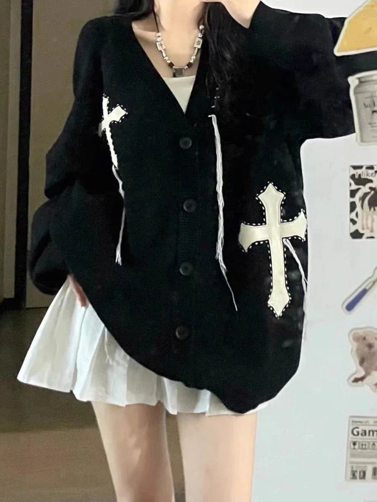 Loose Streetwear Embroidery Cardigan Women Korean Jacquard Oversized Knitted Sweater Coat 2024 Dark Fashion Black White Knitwear