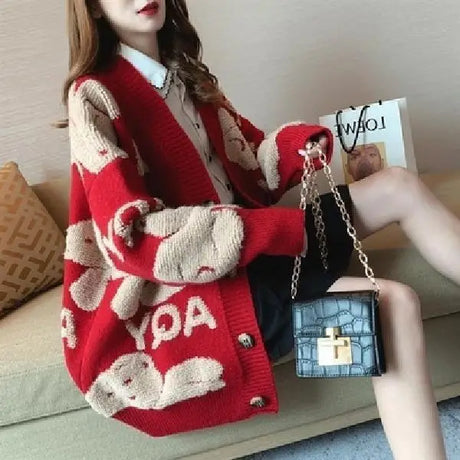 Loose Sweater Oversize Woman Christmas Sweater Coat Korean Fashion Sweet Cardigans For Women 2023 Thick Winter Clothes Knitted